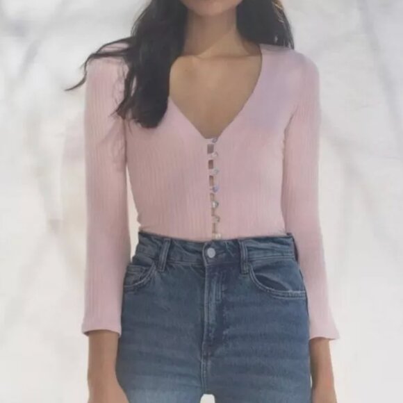 REFORMATION Gellar Knit button-up top, size XS, light pink - Picture 1 of 7